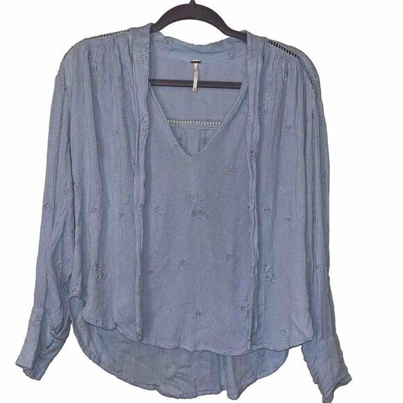 Free People Wishful Moments Neck Tie Blouse Top Wmn’s Sz XS Blue Embroidered LS - Picture 1 of 8